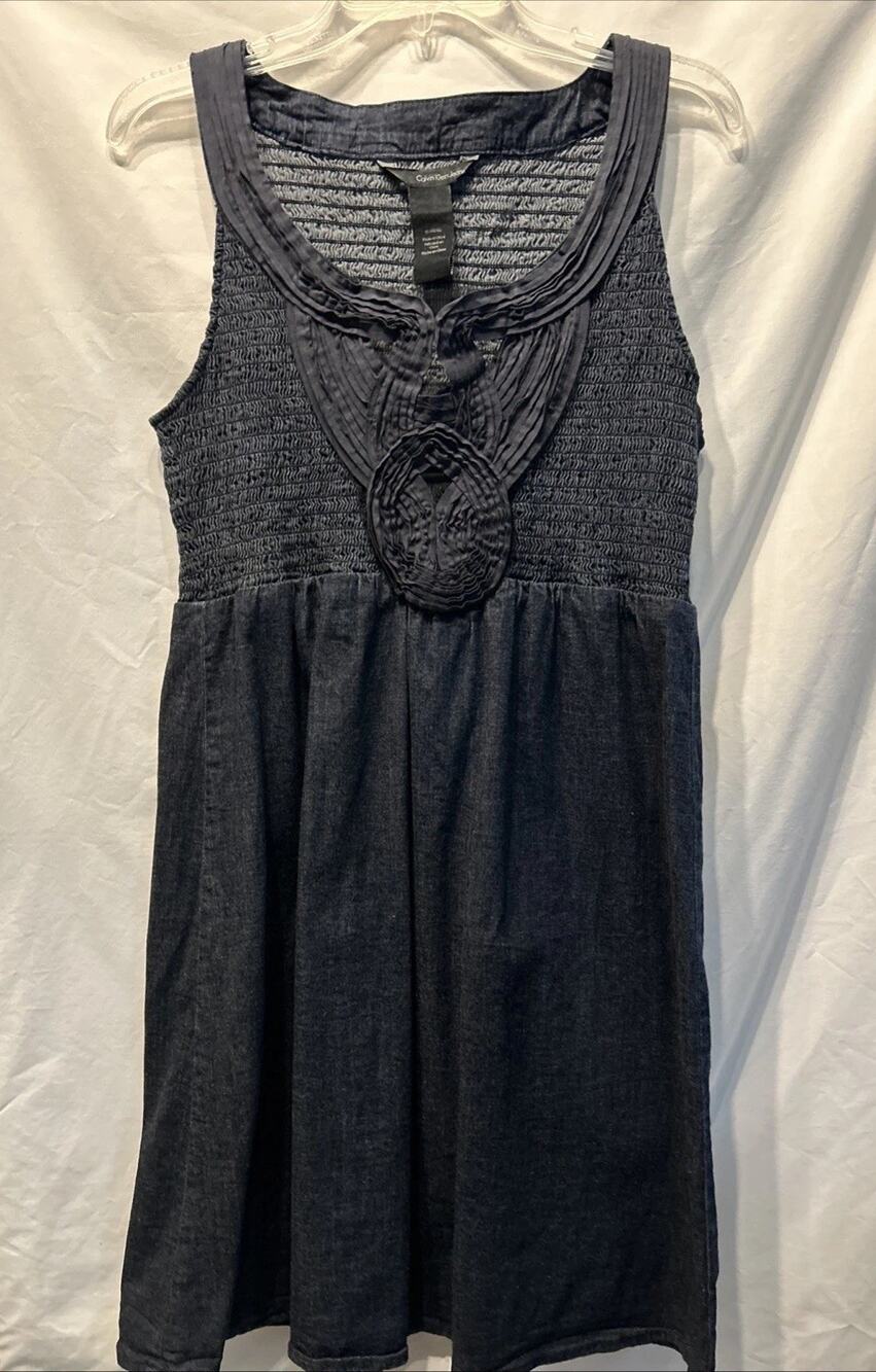 Calvin Klein Jeans Denim Dress Sz XL Smocked Bodice A-Line Skirt Sleeveless